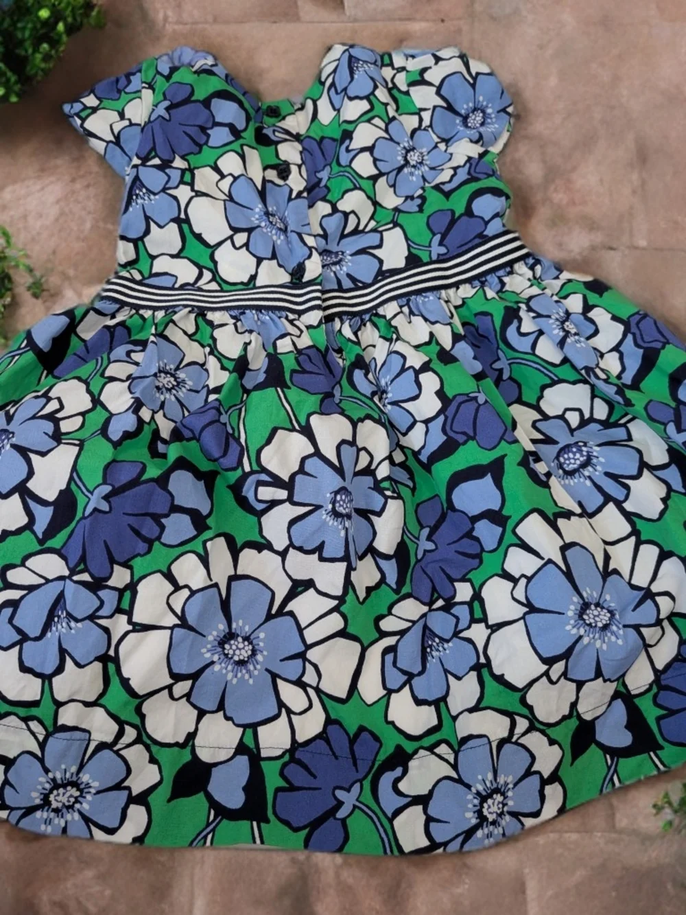 Gymboree Blue, Green & White Floral Stripe-Waist Dress
